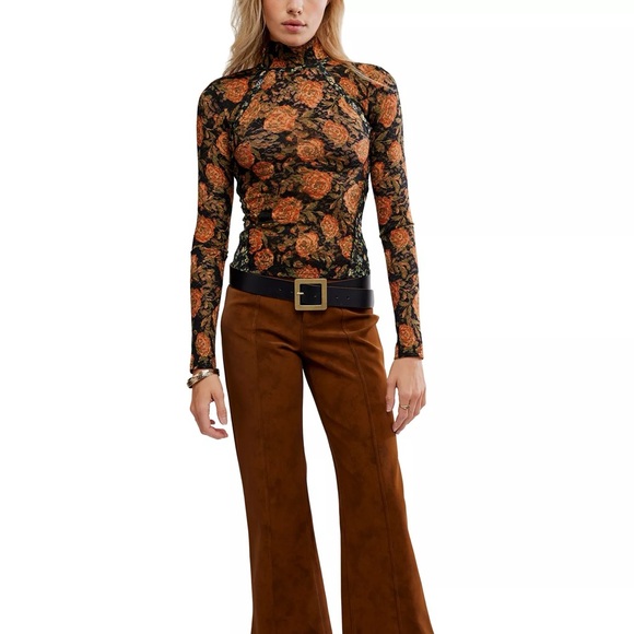 Free People Lyric Floral Mesh Mock Neck Top NWT Medium Sheer Fitted Long Sleeve - Picture 5 of 9